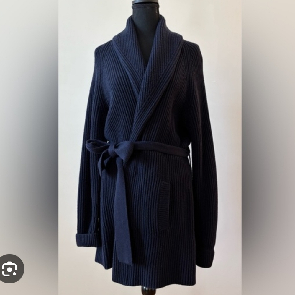 Tory Burch Navy Ribbed Knit Belted Cardigan